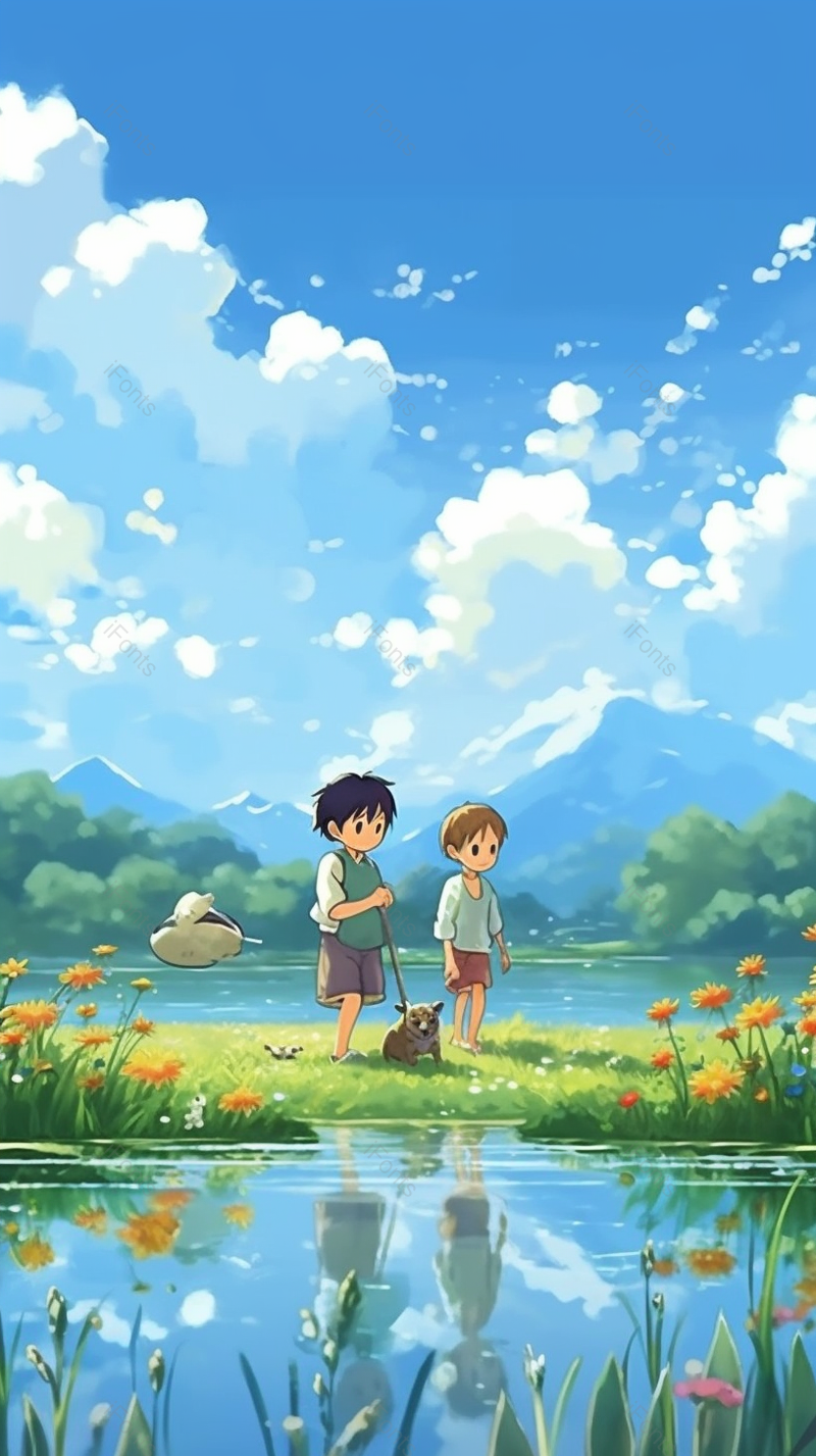 小清新儿童节二人唯美动漫风格大自然水面倒影插画,插画/手绘图,插画/手绘图库,插画/手绘图下载,插画/手绘